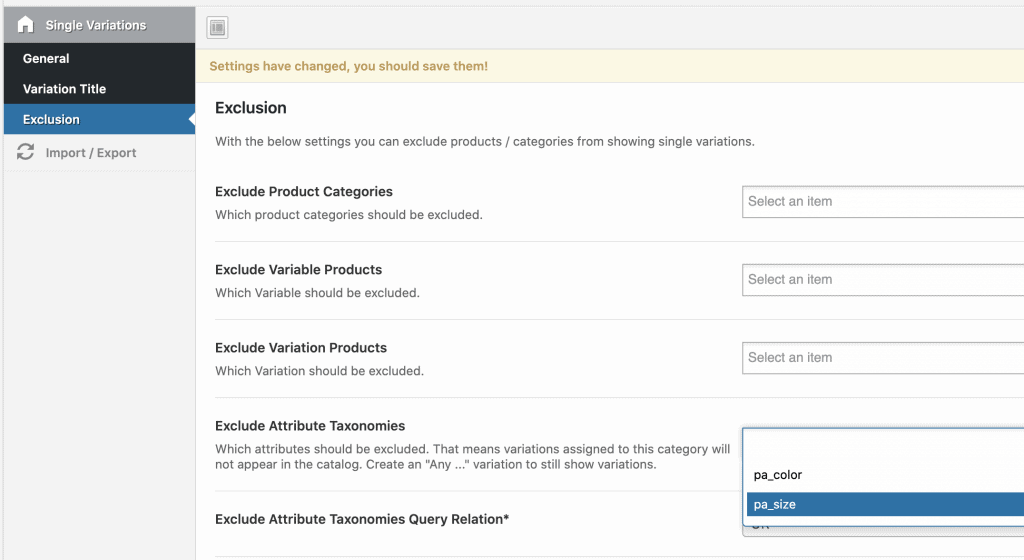 exclude attributes from single variations