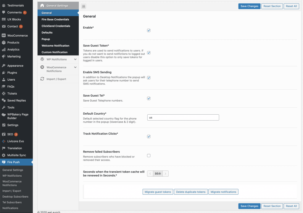 configuración general de wp fire push