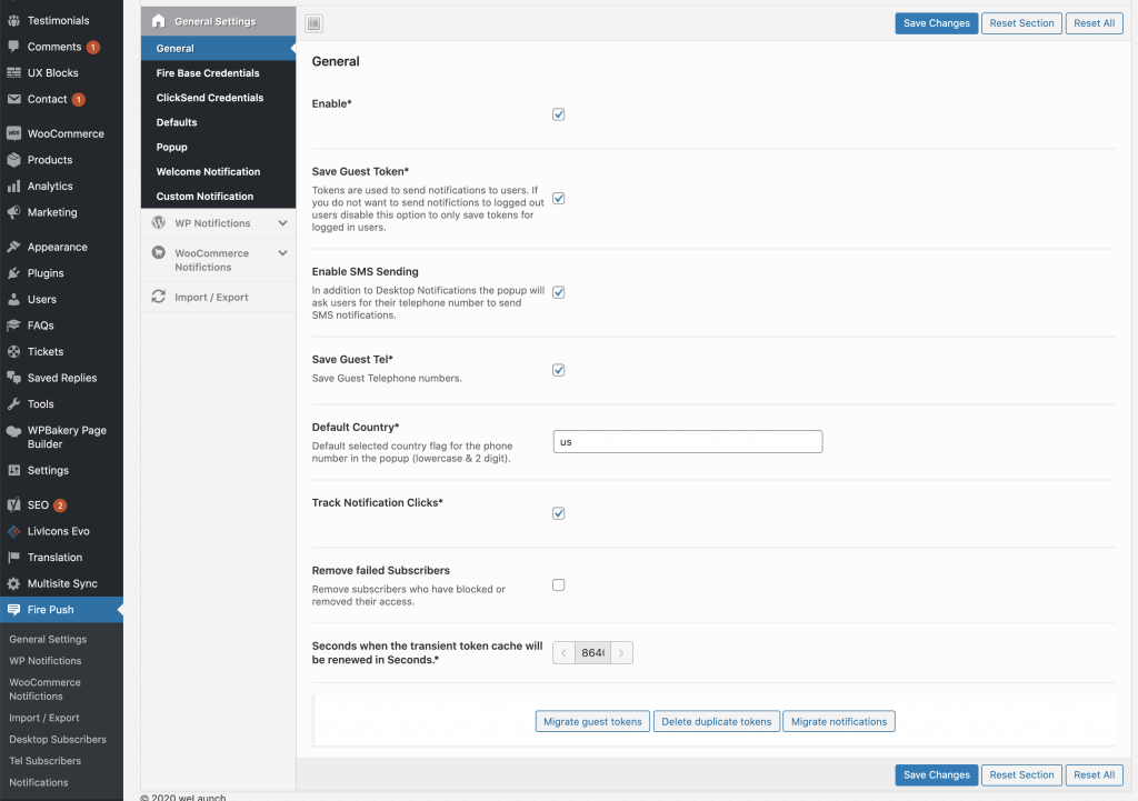 general wp fire push settings