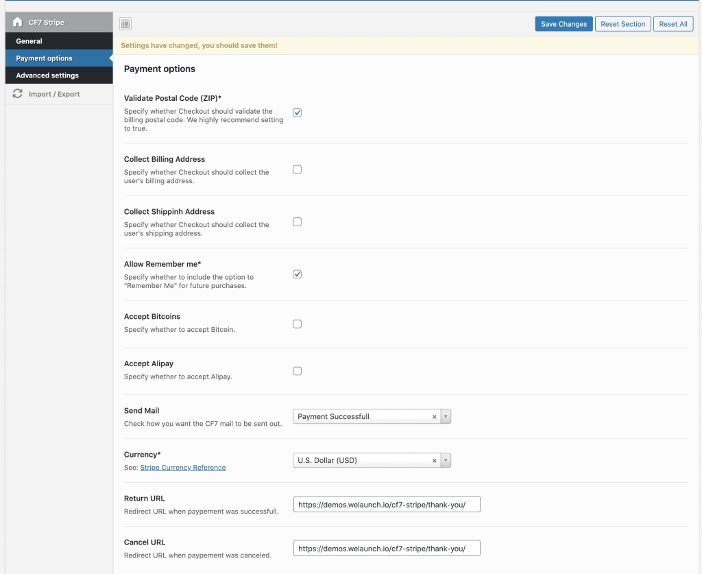 opciones de pago stripe para contact form 7