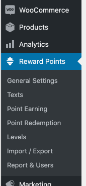 WooCommerce reward points menu