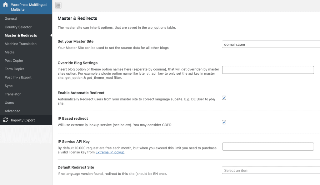 language redirect settings in multilingual multisite