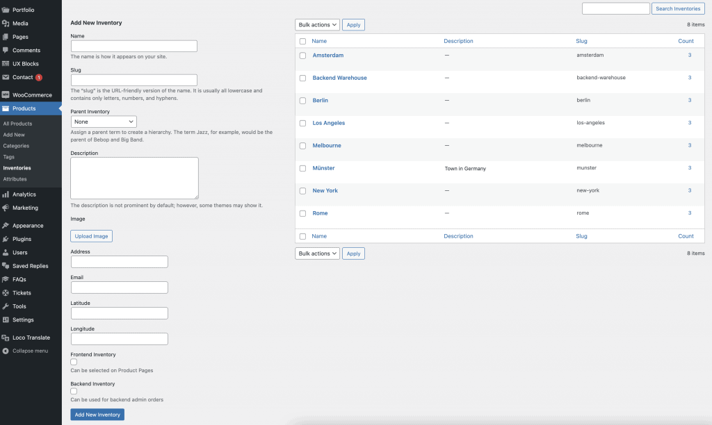 create new inventories in WooCommerce
