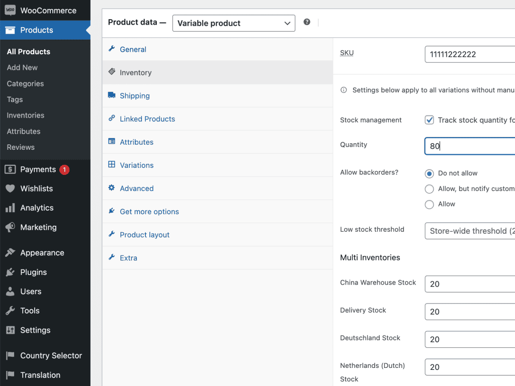 set multi inventories on product level