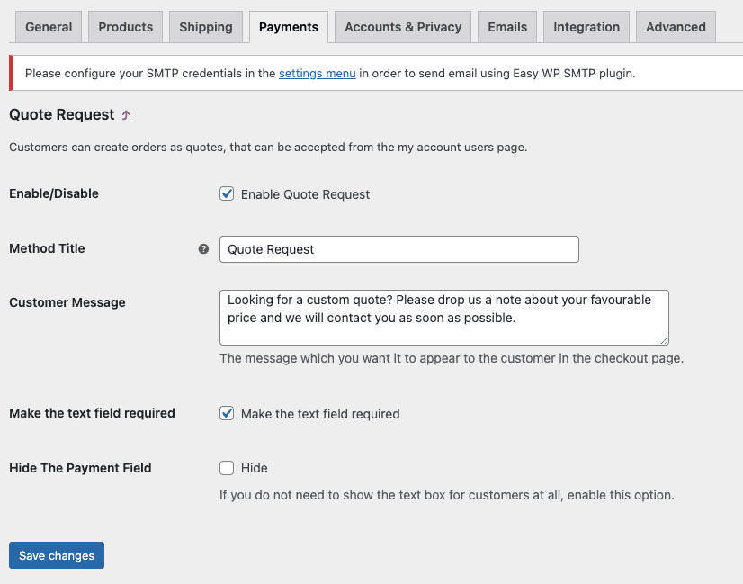 enable the request quote payment