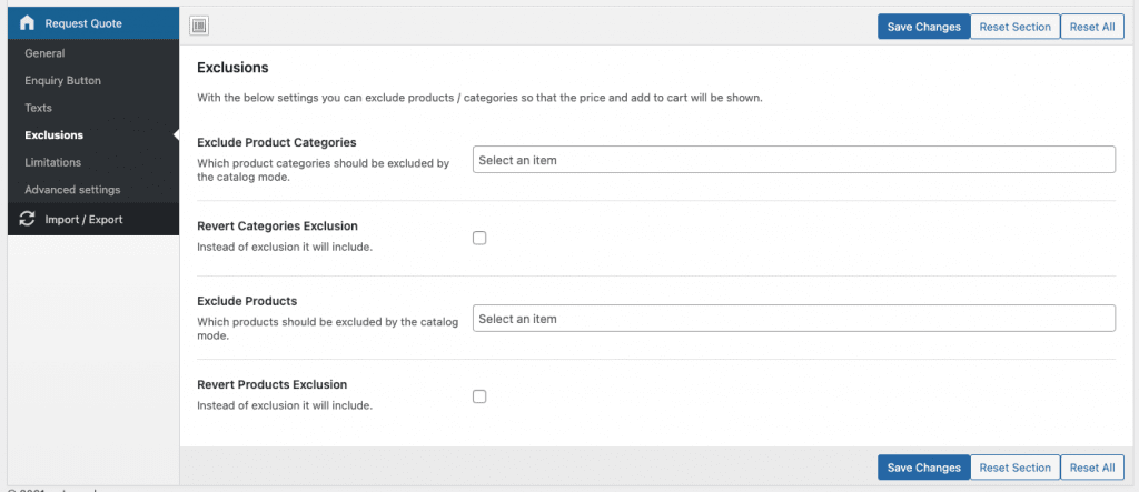 exclude products or categories from quote