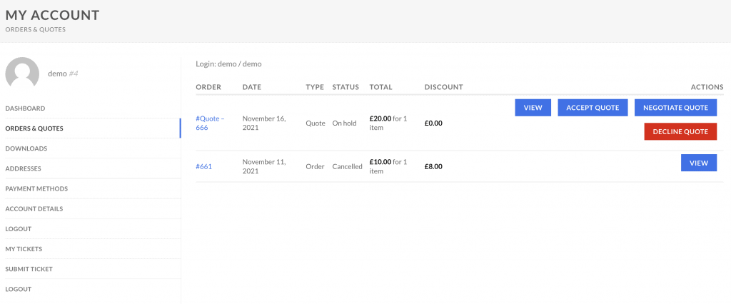 quote requests in woocommerce my accout dashboard