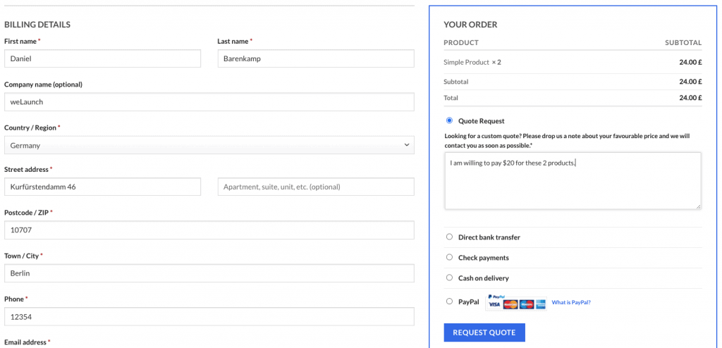 request a quote during woocommerce checkout