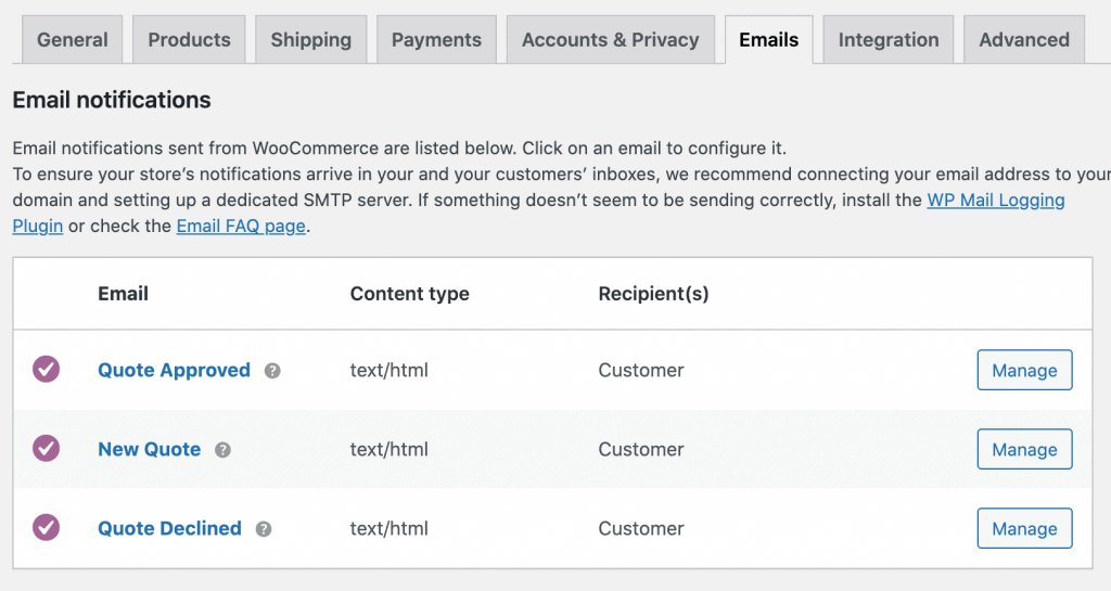 woocommerce quote email settings