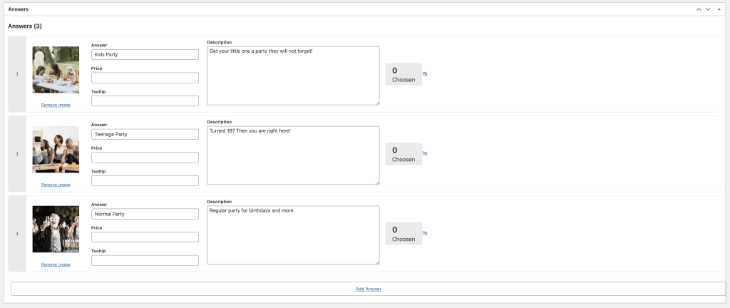 answers of a cost calculation form