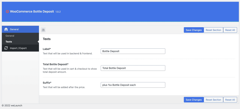 woocommerce bottle deposit text settings
