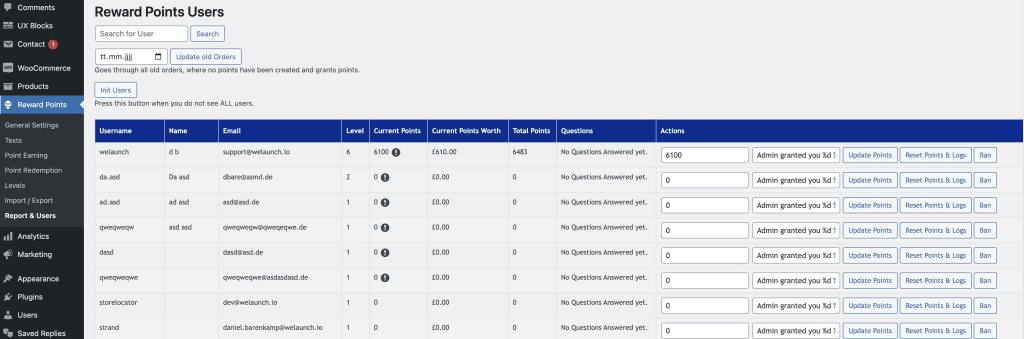 view and edit woocommerce user points