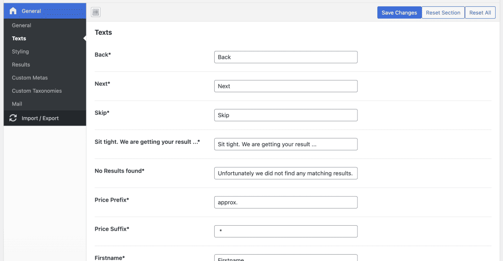 change texts in wizard form settings