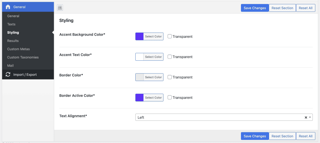 wizard form styling settings