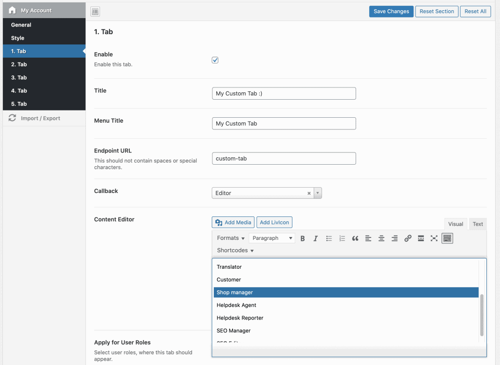 user role specific custom my account tabs