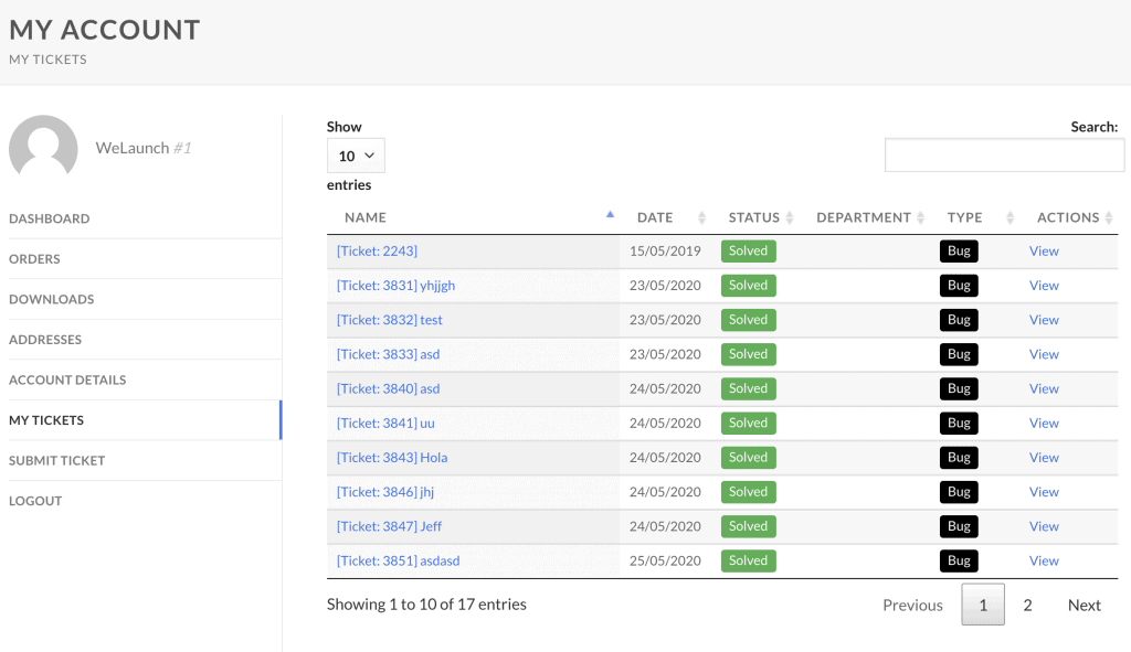 WooCommerce My Tickets page