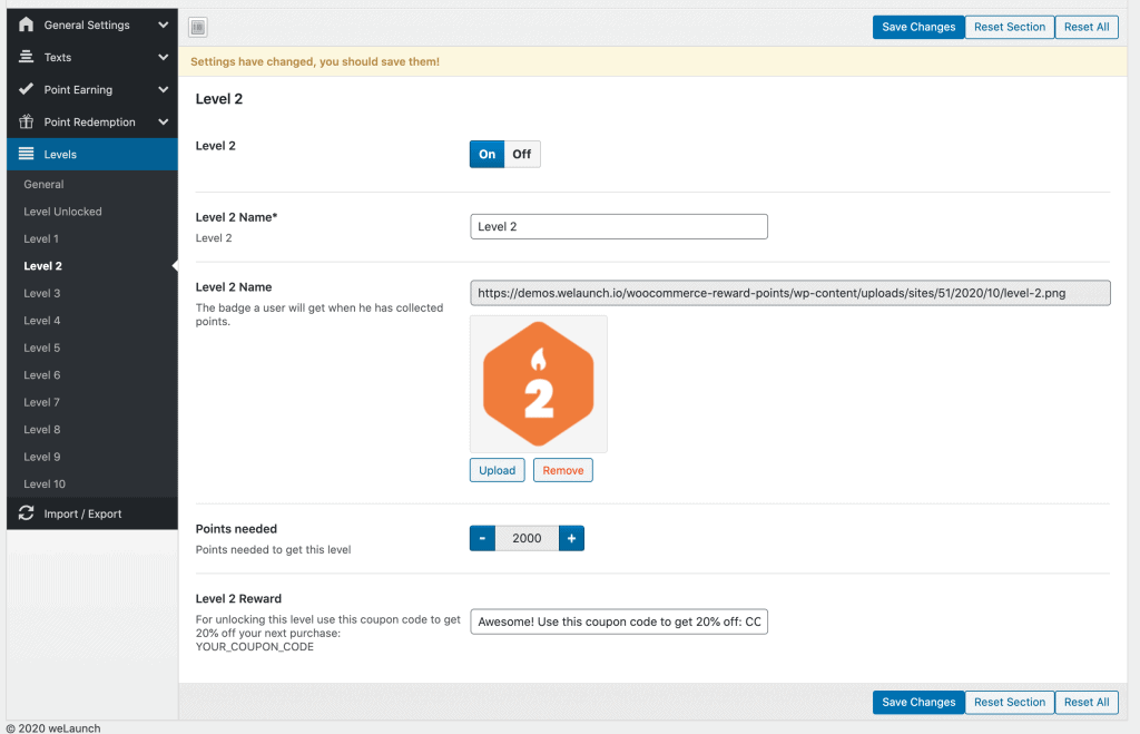 example woocommerce level system