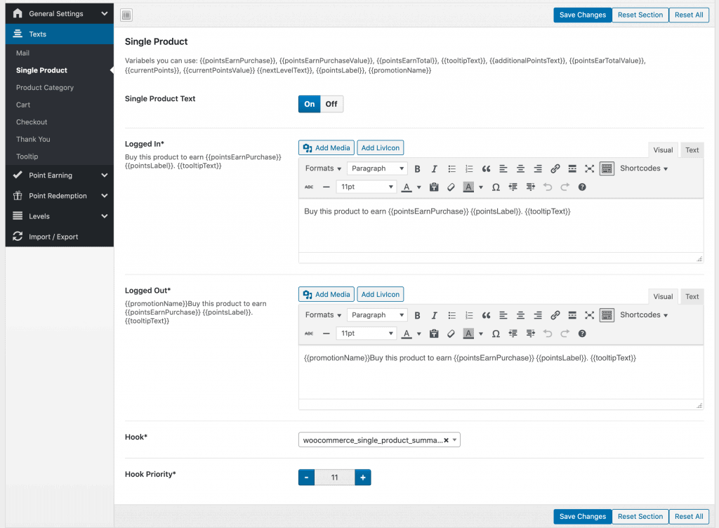 single product point earning text settings