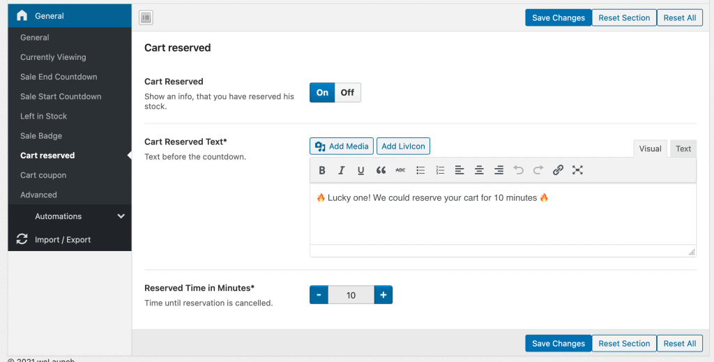 reserved cart settings