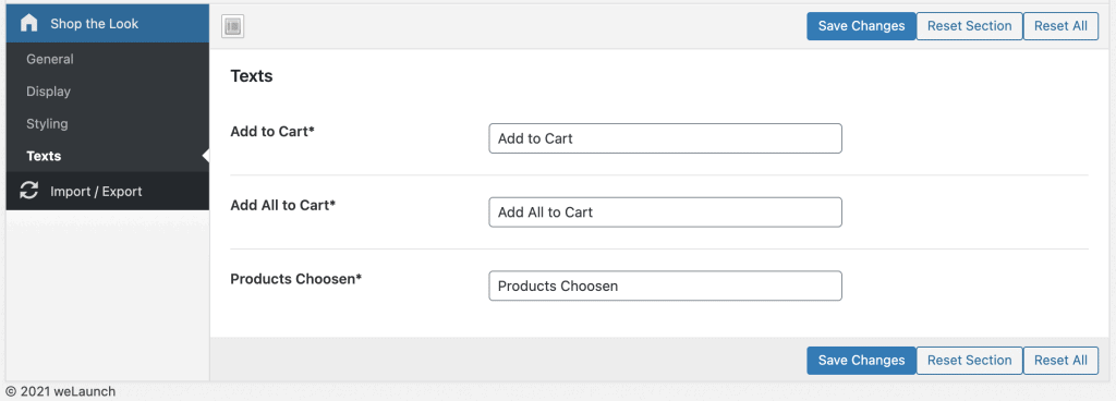 text settings for shop the look