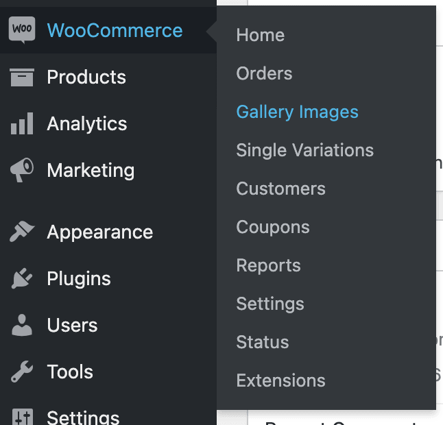 woocommerce gallery images menu item