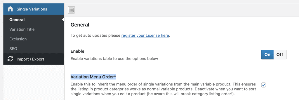 single variations inherit menu order