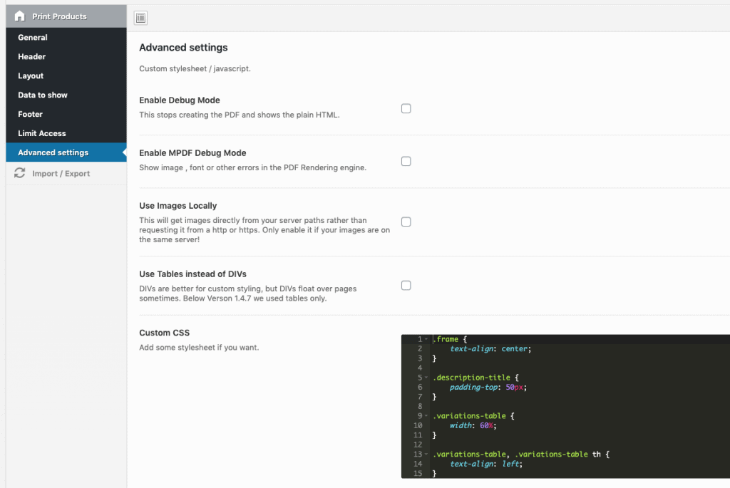 advanced and debugging options
