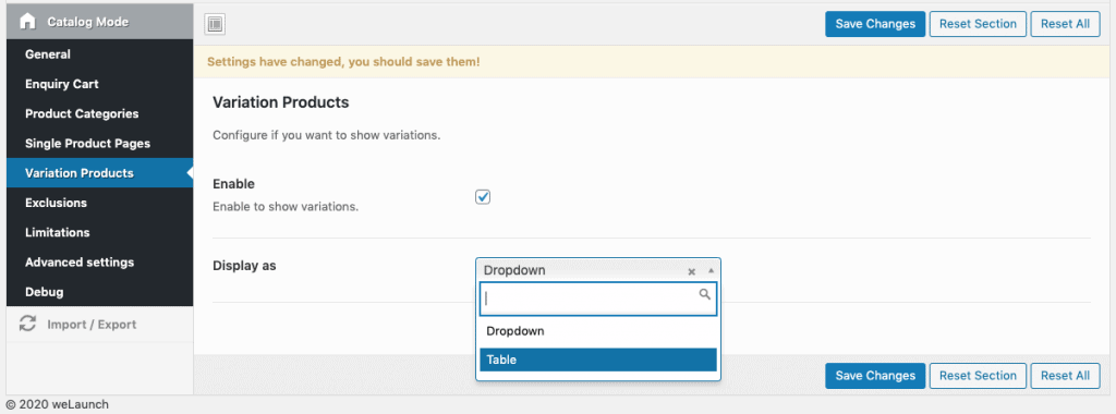 catalog mode variation support