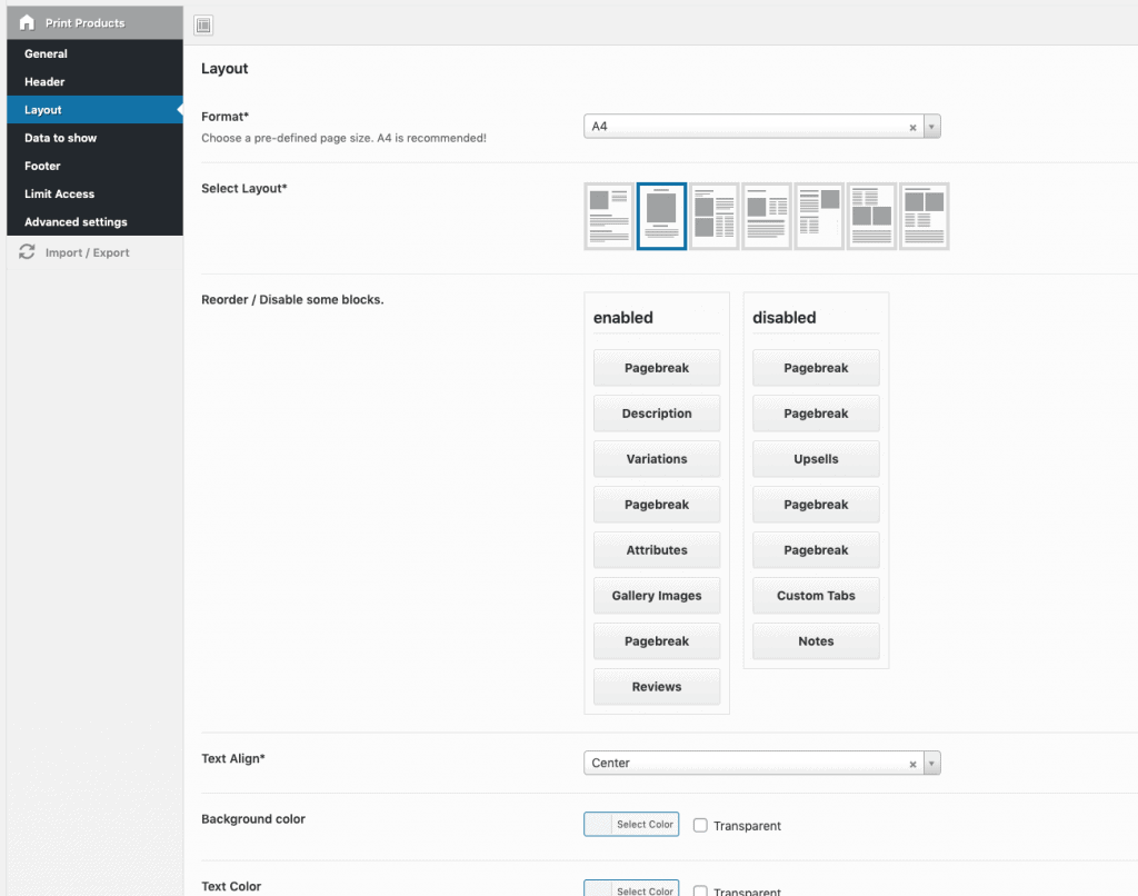 choose product PDF layout