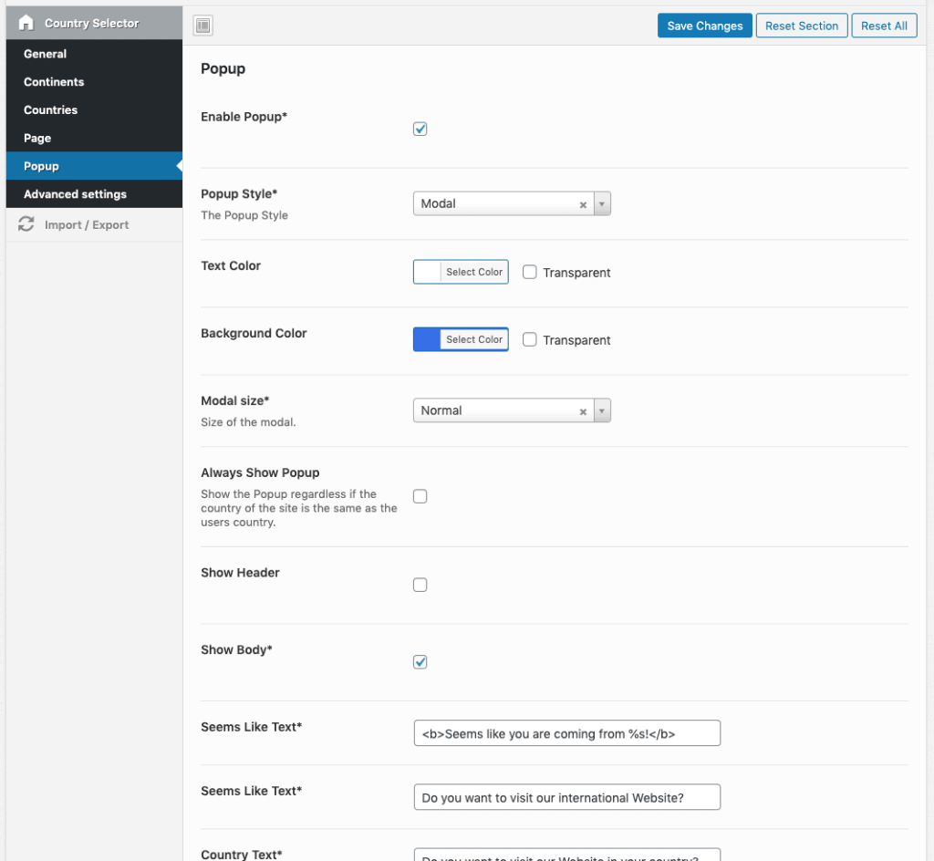 configure country popup modal