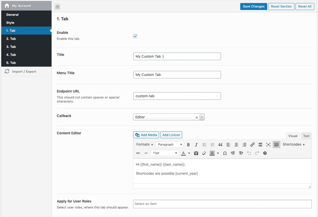 create your own my account page