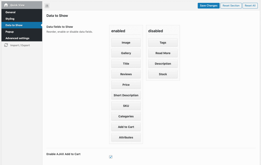 data to show in quick view