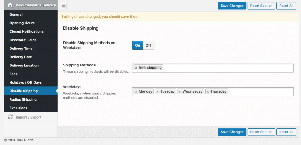 disable shipping methods on certain weekdays