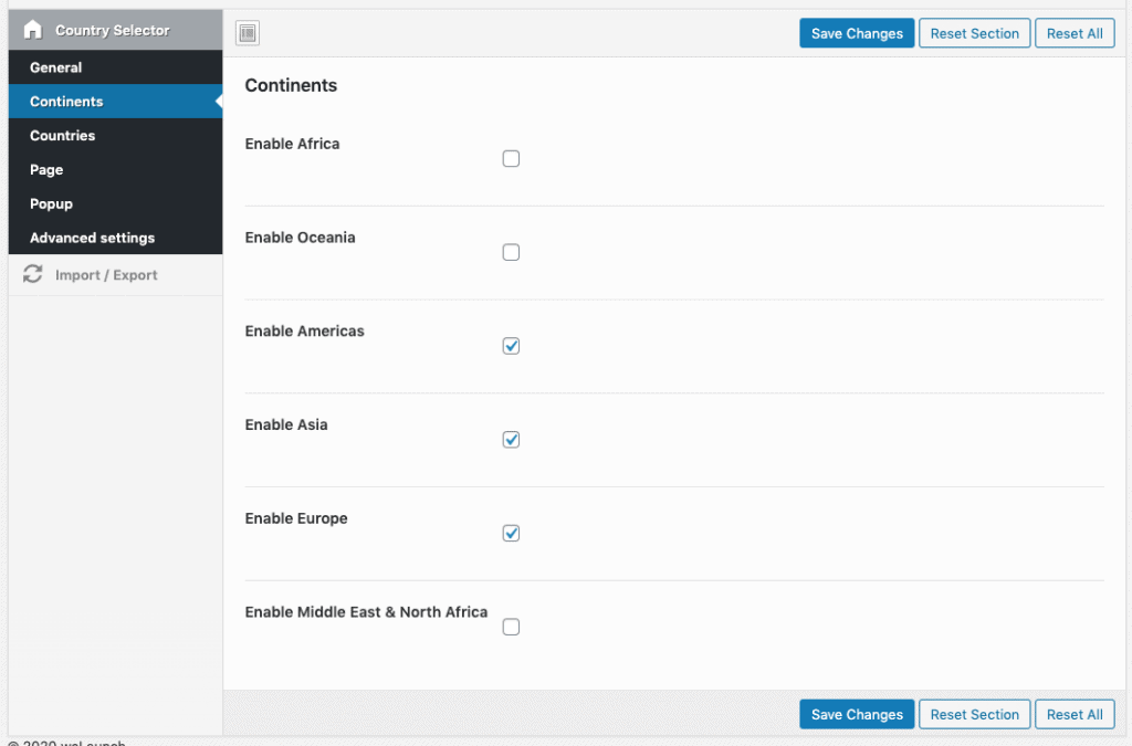 enable or disable continents