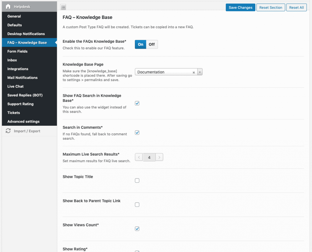 Impostazioni della knowledge base