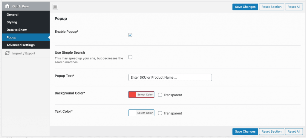 quick view popup configuration