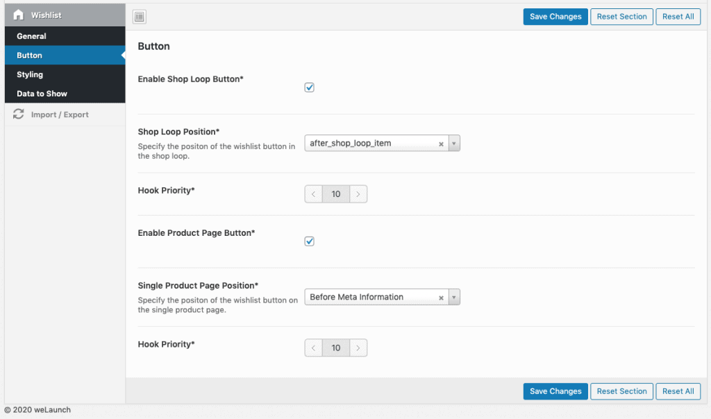 WooCommerce wishlist button configuration