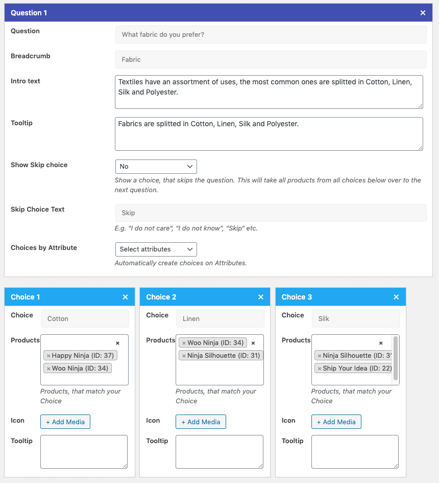 woocommerce question and choices