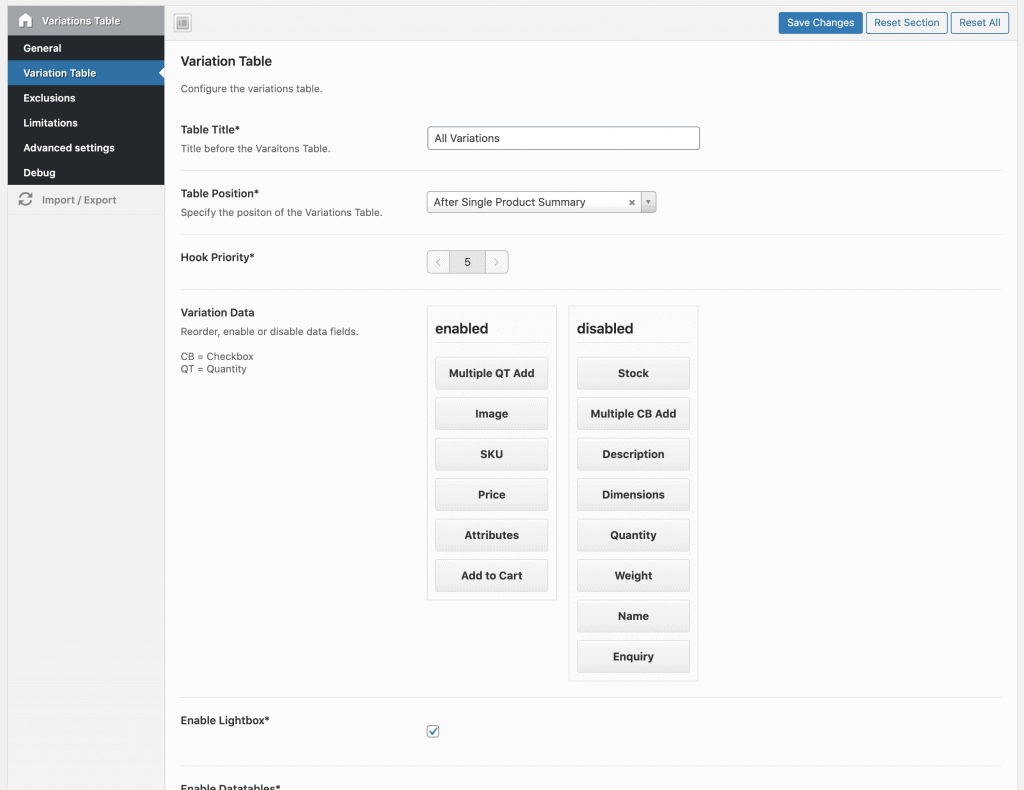 configure variation table data you want to show