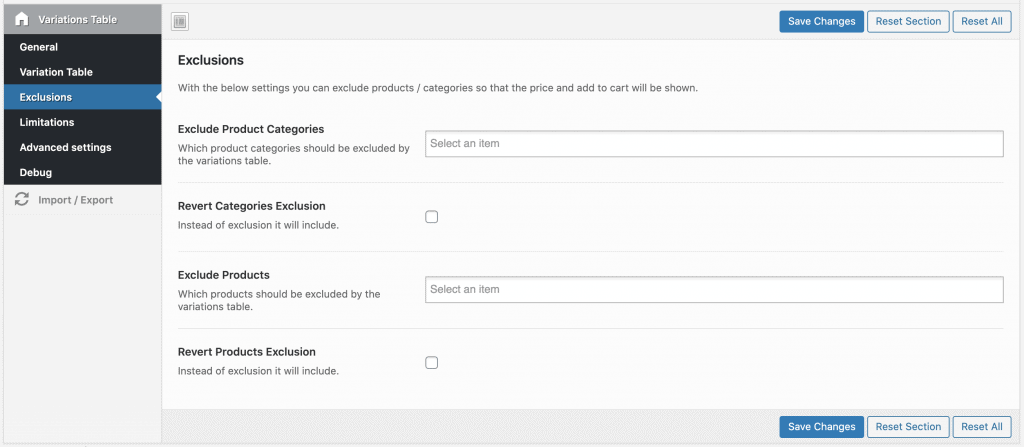 exclude products or categories in variations table
