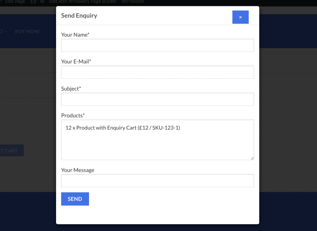 send cart enquiry form modal