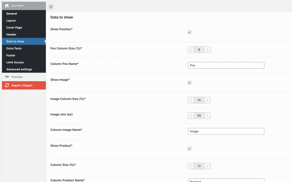 configure data to show in exported cart pdf