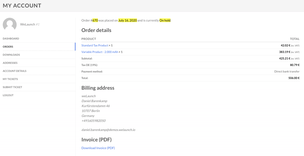 download invoice in woocommerce my account