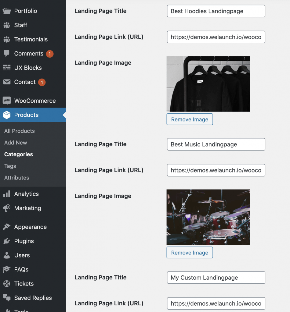 set landingpages in category backend