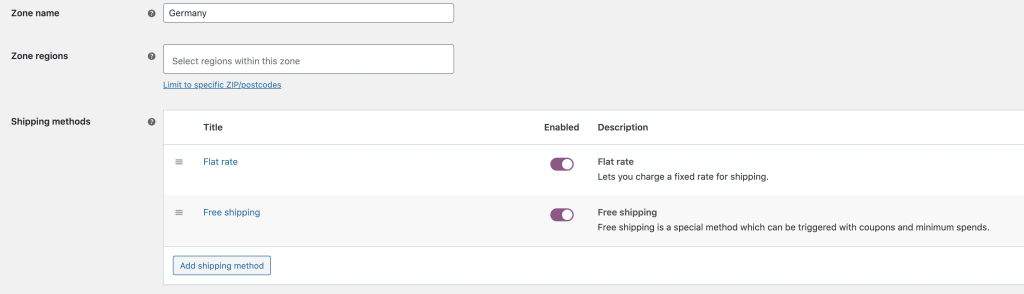 Add shipping methods to your zone