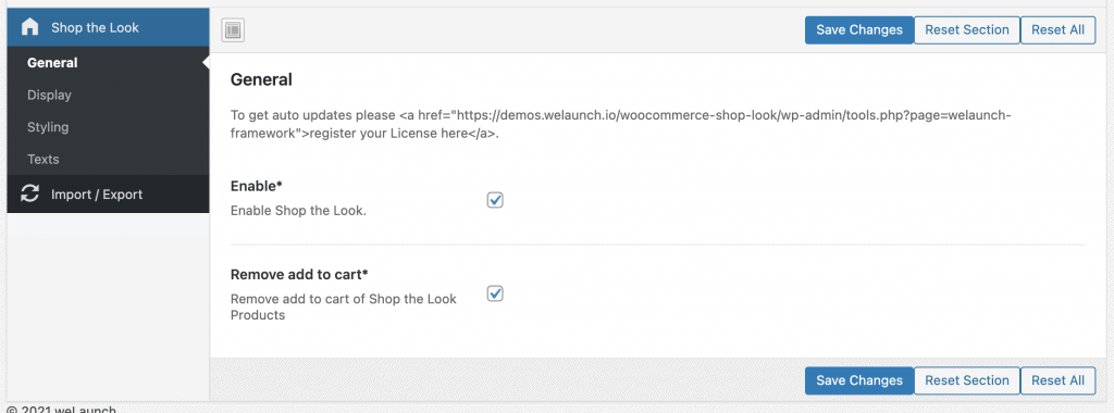 general shop the look settings