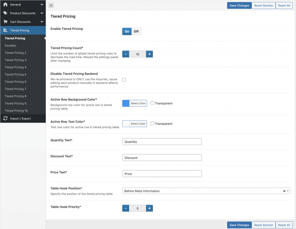 tiered pricing settings