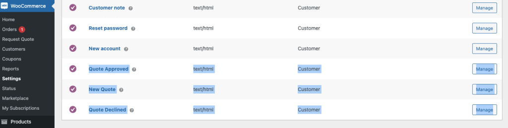 quote email settings
