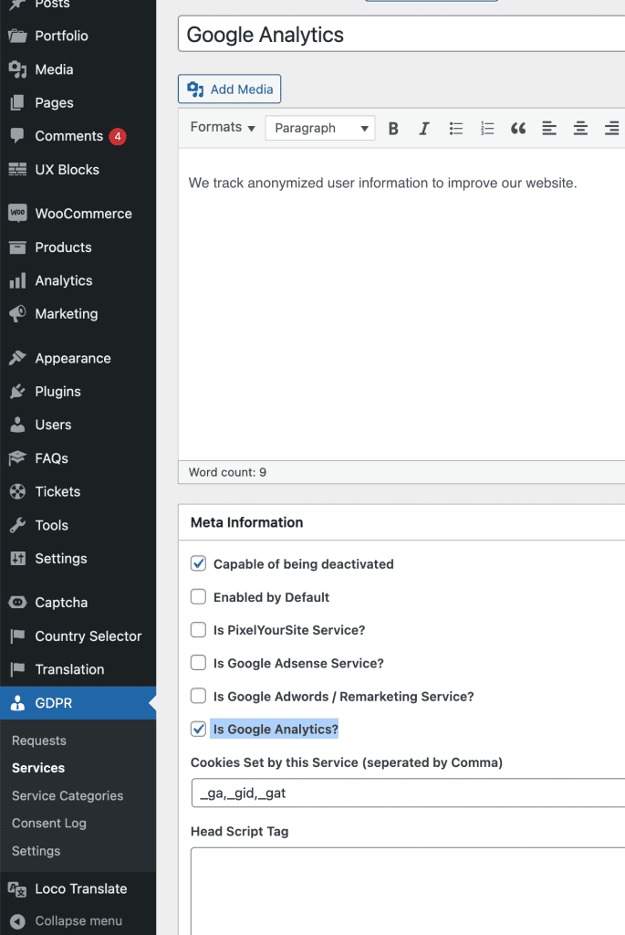 wordpress check google analytics service